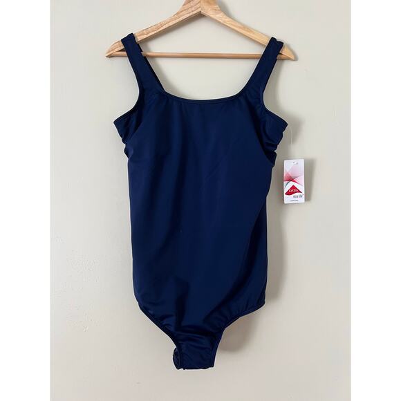 NEW NWT Land's End Navy 12 Swimsuit Tummy Control Scoop Neck Sporty One Piece - Picture 3 of 7